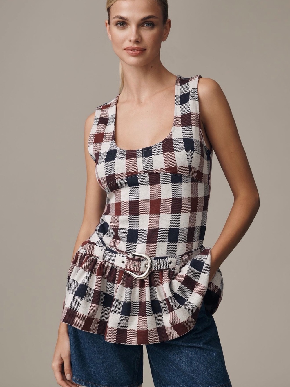 Anthropologie Checked Peplum Tank in Burgundy, Navy & Cream